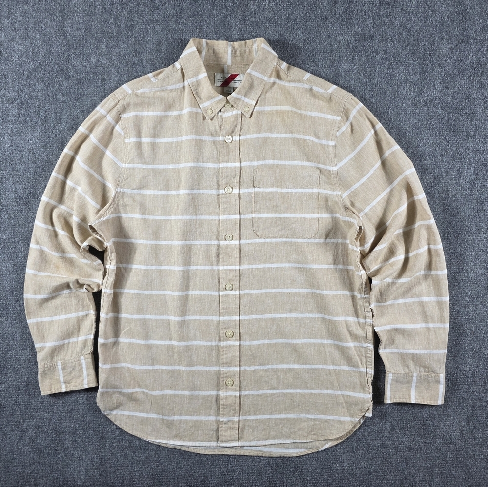 BEST MADE CO 55% LINEN COTTON LONG SLEEVE SHIRT KHAKI TAN STRIPED